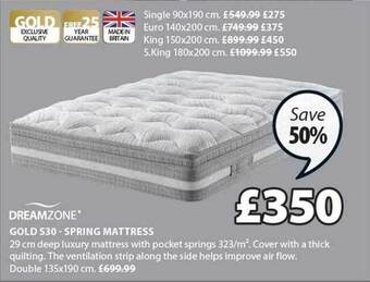 JYSK Dreamzone gold s30 spring mattress offer