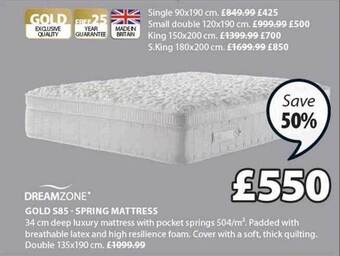 JYSK Dreamzone gold s85 spring mattress offer