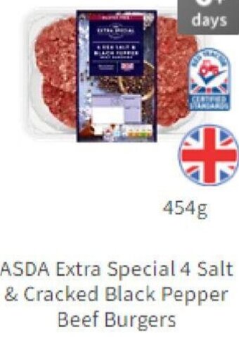 Asda ASDA Extra Special 4 Salt & Cracked Black Pepper Beef Burgers 454g offer