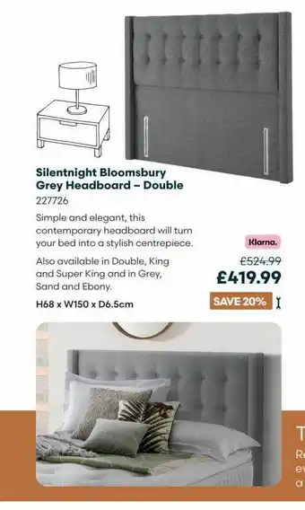 Robert Dyas Silentnight bloomsbury grey headboard - double offer