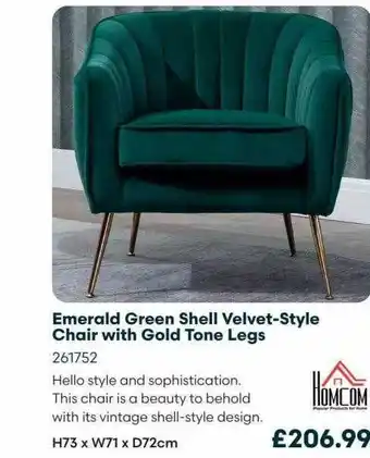 Robert Dyas Emerald green shell velvet-style chair with gold tone legs offer