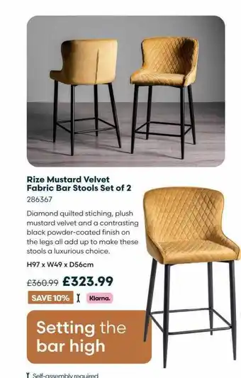 Robert Dyas Rize mustard velvet fabric bar stools set of 2 offer