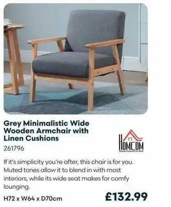 Robert Dyas Grey minimalistic wide wooden armchair with linen cushions offer