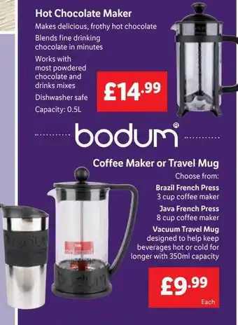 Lidl Bodum hot chocolate maker, bodum coffee maker or travel mug offer