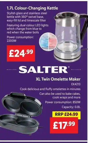 Lidl Salter 1.7l colour-changing kettle, salter xl twin omelette maker offer