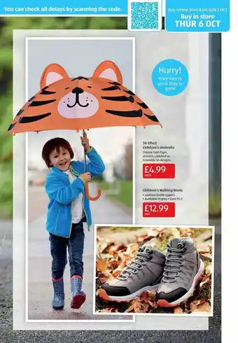 Aldi 3d effect children's umbrella, children's walking boots offer