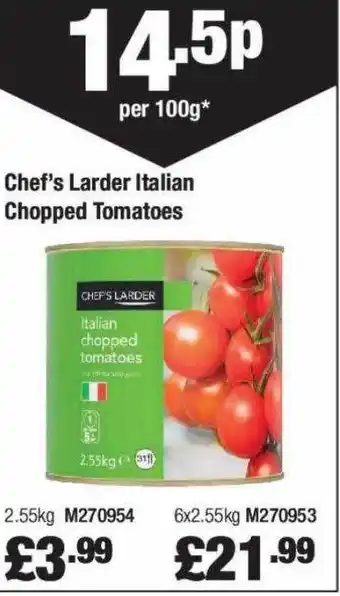 Booker Wholesale Chef's larder italian chopped tomatoes offer