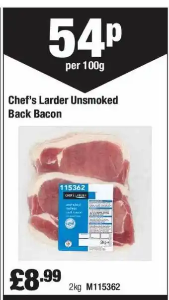 Booker Wholesale Chef's larder unsmoked back bacon offer