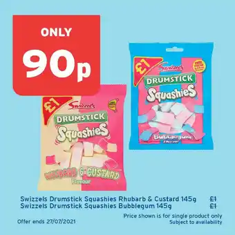 One Stop Swizzels Drumstick Squashies Rhubarb & Custard 145g Or Swizzels Drumstick Squashies Bubblegum 145g offer