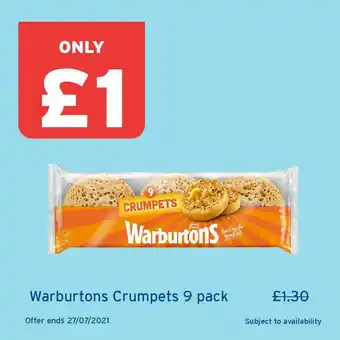 One Stop Warburtons Crumpets 9 Pack offer