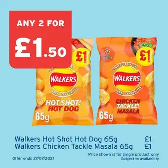 One Stop Walkers Hot Shot Hot Dog 65g Or Walkers Chicken Tackle Masala 65g offer