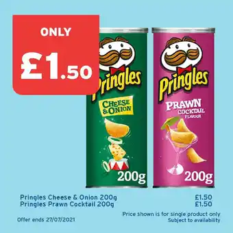 Pringles Cheese & Onion 200g Or Pringles Prawn Cocktail 200g