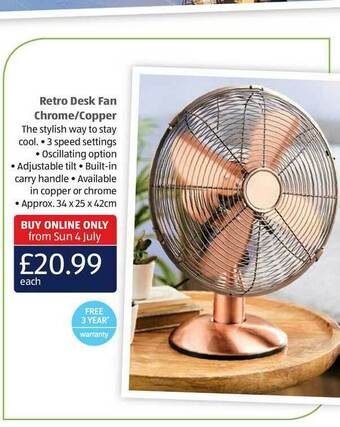 Aldi Retro Desk Fan Chrome-Copper offer