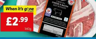 Lidl 2 British Cheese & Bacon Beef Burgers offer