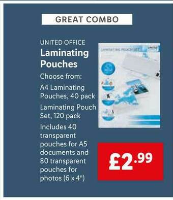 Lidl United Office Laminating Pouches offer