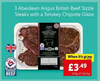 Lidl 3 Aberdeen Angus British Beef Sizzle Steaks With A Smokey Chipotle Glaze offer