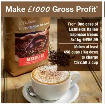 One case of lichfields italian espresso beans, makes at least 450 cups to charge