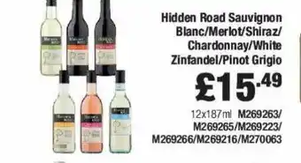 Booker Wholesale Hidden road sauvignon blanc-merlot-shiraz-chardonnay-white zinfandel-pinot grigio offer
