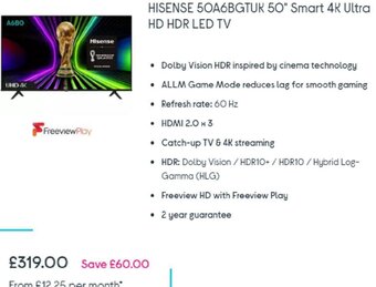 Currys PC World Hisense 50A6BGTUK 50" Smart 4K Ultra HD HDR LED TV offer