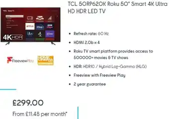 Currys PC World TCL 50RP620K Roku 50" Smart 4K Ultra HD HDR LED TV offer
