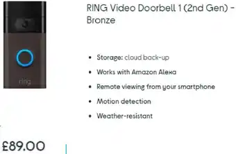 Currys PC World Ring Video Doorbell 1 (2nd Gen) - Bronze offer