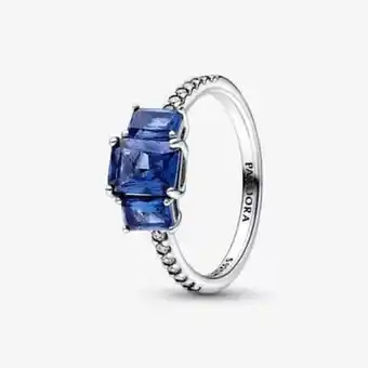 Pandora Blue rectangular three stone sparkling ring offer
