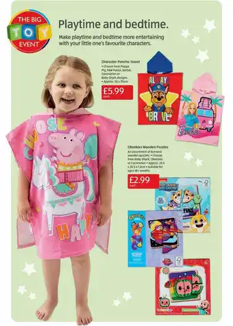Aldi Character poncho towel, cbeebies wooden puzzles offer