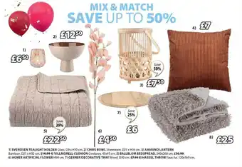 JYSK Svendsen tealight holder, chris bowl, aamund lantern, villmorell cushion, ballblom bedspread, agner artificial flower, gerner offer