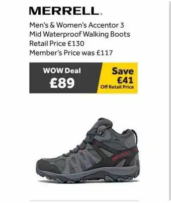 GO Outdoors Merrell men's & women's accentor 3 mid waterproof walking boots offer