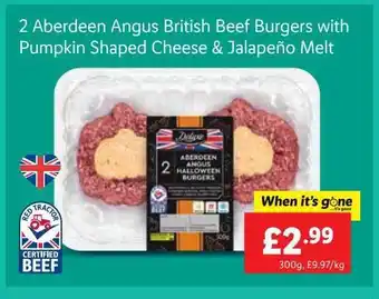 Lidl 2 aberdeen angus british beef burgers with pumpkin shaped cheese & jalapeño melt offer