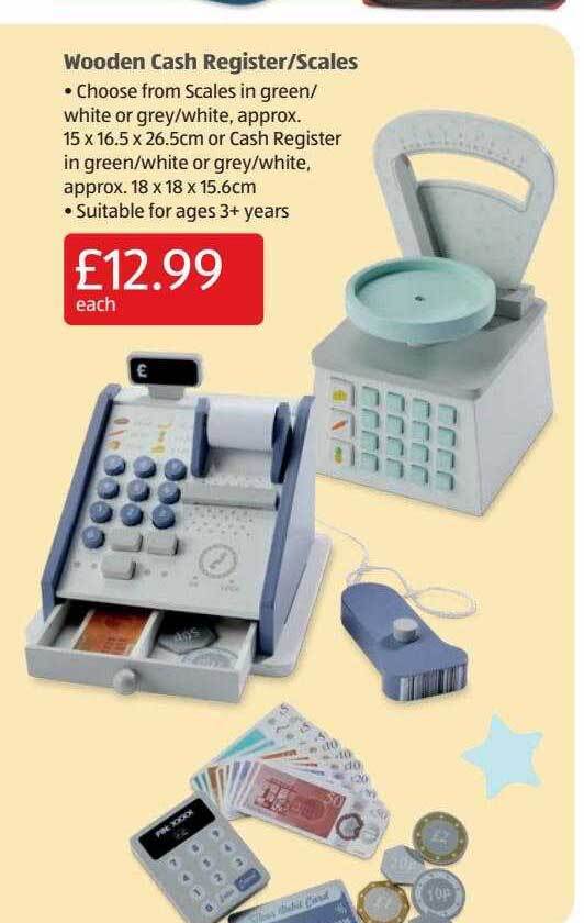 Wooden cash registerscales offer at Aldi