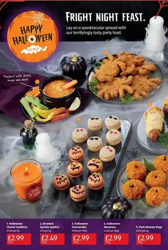 Aldi Halloween cheese cauldron, breaded spooky spider, halloween cheesecake, halloween macarons, pork mummy dogs offer