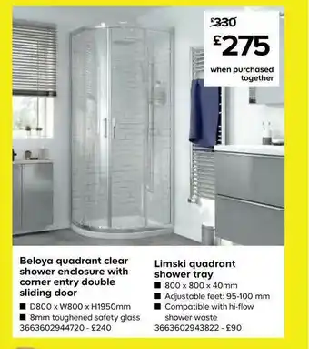 TradePoint Beloya Quadrant Clear Shower Enclosure With Corner Entry Double Sliding Door Limski Quadrant Shower Tray offer