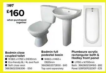 TradePoint Bodmin Close Coupled Toilet Bodmin Full Pedestal Basin Plumbsure Acrylic Rectangular Bath & Hadley Front Panel offer