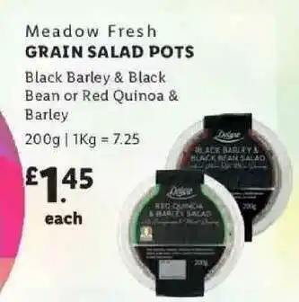 Lidl Meadow Fresh Grain Salad Pots Black Barley & Black Bean Or Red Quinoa & Barley offer
