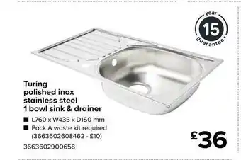 Turing Polished Inox Stainlexx Steel 1 Bowl Sink & Drainer