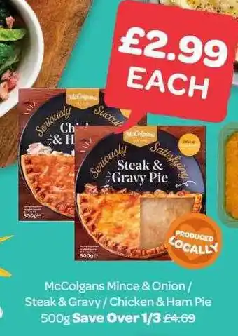 Spar Mcclangs mince & onion steak & gravy chicken & ham pie 500g offer