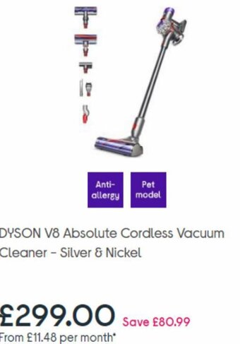 Currys PC World Dyson V8 Absolute Cordless Vacuum Cleaner-Silver & Nickel offer