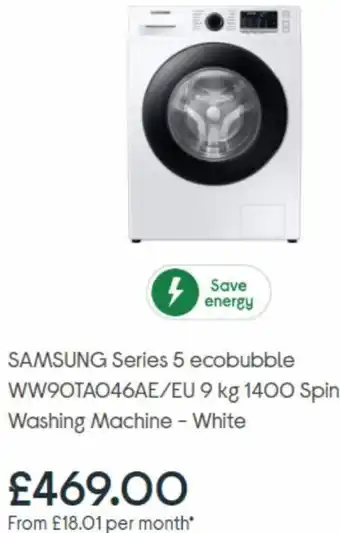 Currys PC World Samsung Series 5 ecobubble WW90TAO46AE/EU 9kg 1400 Spin Washing Machine-White offer