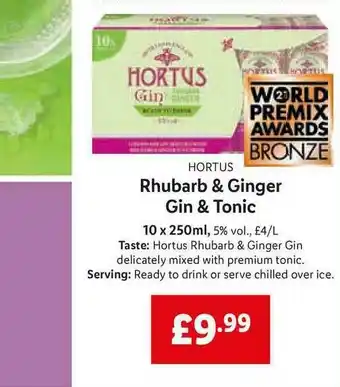 Lidl Hortus Rhubarb & Ginger Gin & Tonic offer