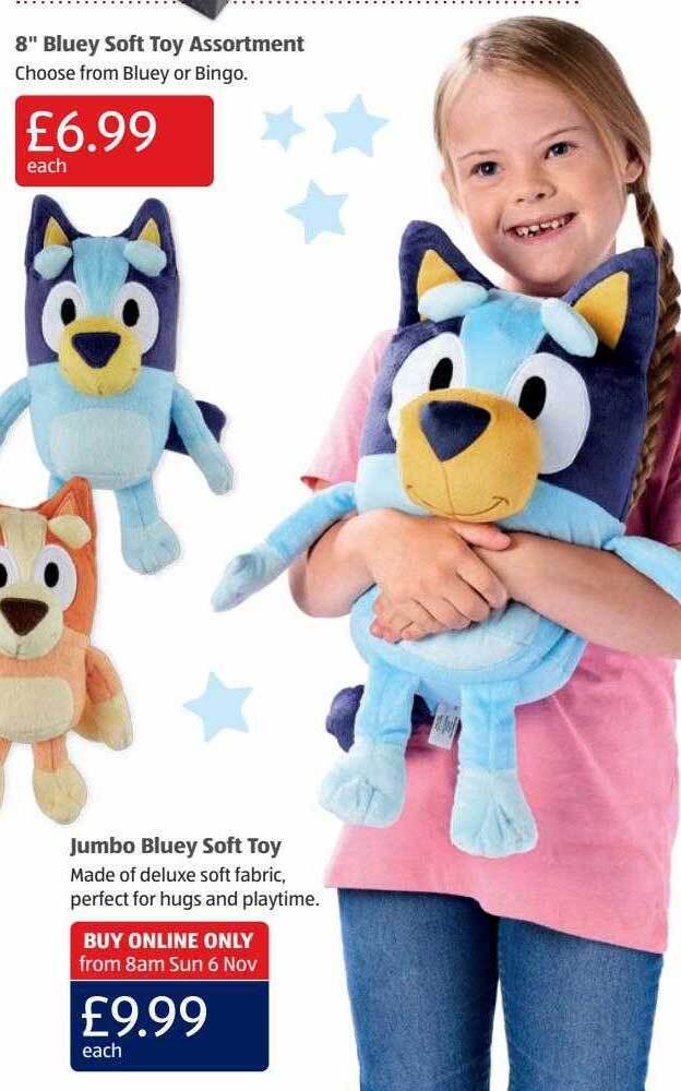 8'' bluey soft toy assortment, jumbo bluey soft toy offer at Aldi
