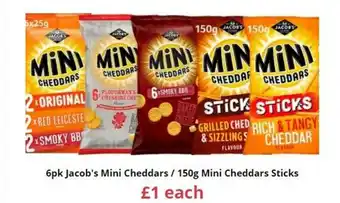 Farmfoods 6pk Jacob's Mini Cheddars - 150g Mini Cheddars Sticks offer