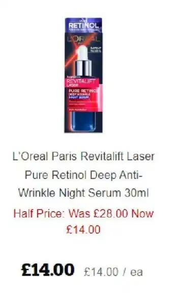 Sainsbury's L'Oreal Paris Revitalift Laser Pure Retinol Deep Anti-Wrinkle Night Serum offer