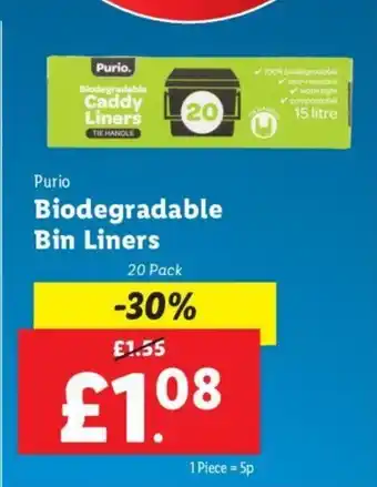 Lidl Purio Biodegradable Bin Liners offer