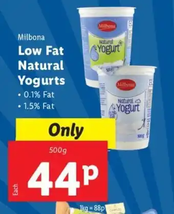 Lidl Milbona Low Fat Natural Yogurts offer