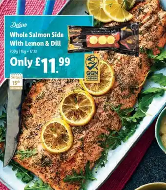 Lidl Deluxe Whole Salmon Side With Lemon & Drill 700 g offer