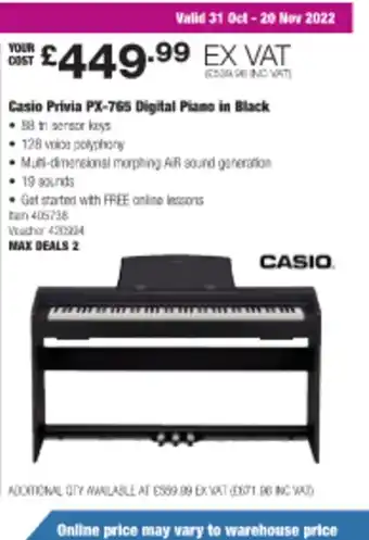Costco Casio Privia PX-765 Digital Piano In Black offer