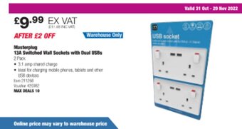 Costco Masterplug 13A Switched Wall Sockets With Dual USBs offer