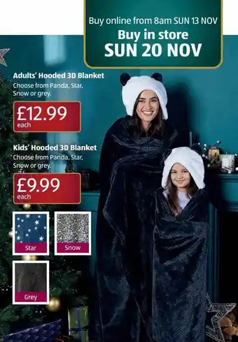 Aldi Adults' hooded 3d blanket, kids' hooded 3d blanket offer