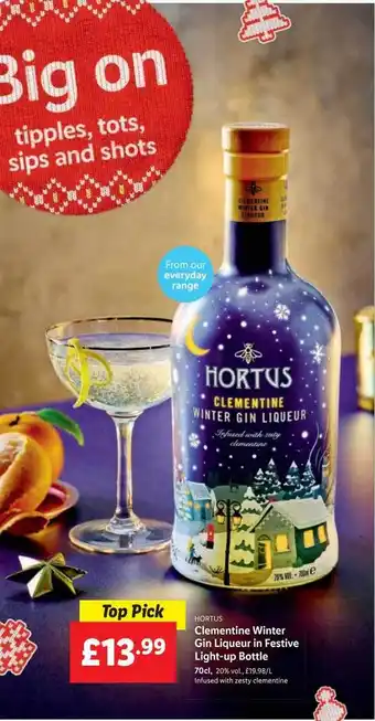 Lidl Hortus clementine winter gin liqueur in festive lightup bottle offer